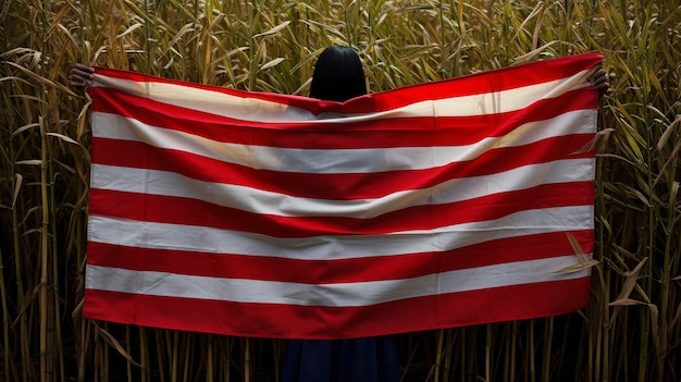 Foto persoon met een grote amerikaanse vlag in het veld