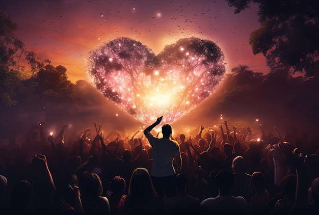 persoon met een hand in hartvorm in de menigte op een muziekconcert in de stijl van Adam Elsheimer