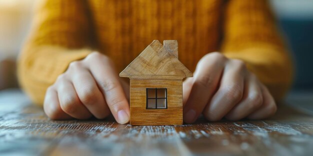 Persoon met een klein houten huis in de hand