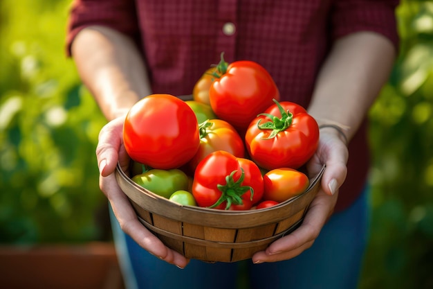 Persoon met een mand vol tomaten