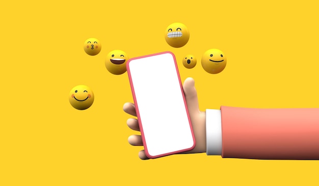 Persoon met een smartphone met emoji online social media iconen d rendering