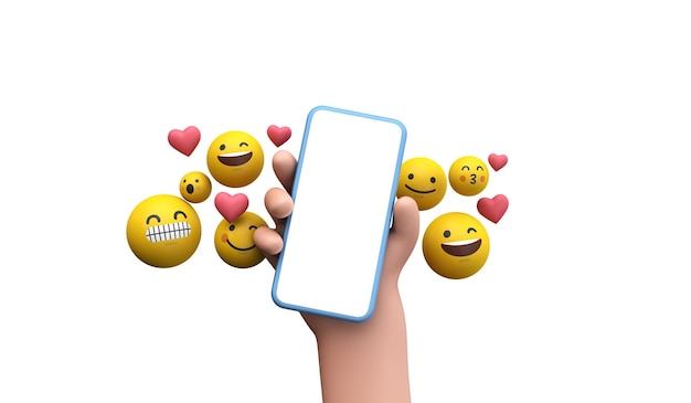 Persoon met een smartphone met emoji online social media iconen d rendering