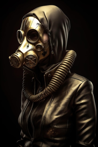 Persoon met gasmasker in donkergouden stijl Een close-up van een man met een gasmasker Giftige aanval