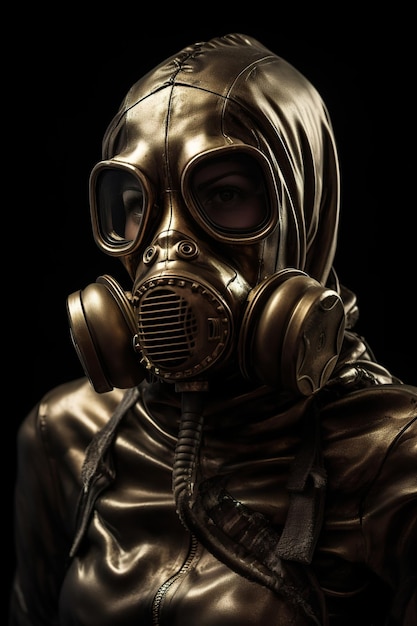 Persoon met gasmasker in donkergouden stijl Een close-up van een man met een gasmasker Giftige aanval