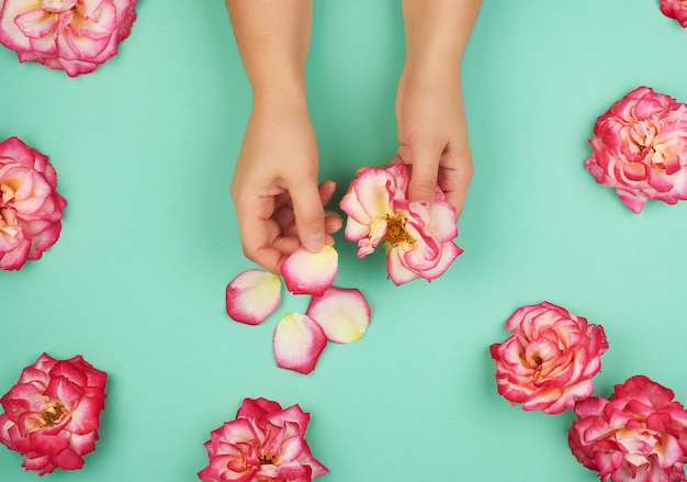 Persoon met gladde huid en roze rozenblaadjes op een groen oppervlak