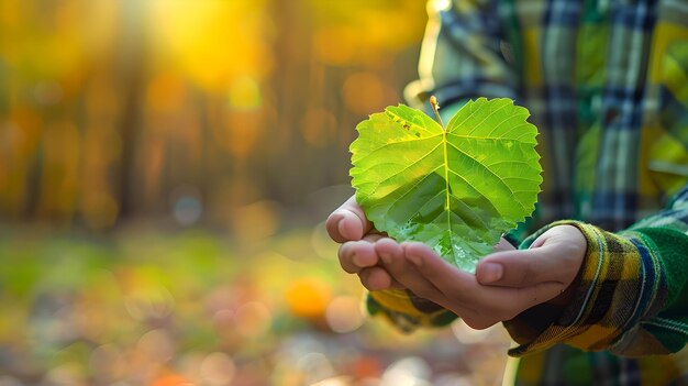 Persoon met levendige groene bladeren in de herfst die verandering en vernieuwing symboliseren Outdoor levensstijl Verbinding met de natuur AI