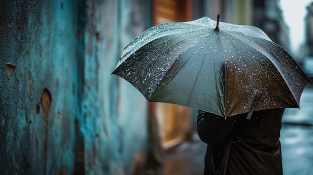 Persoon met paraplu op een regenachtige stadsstraat