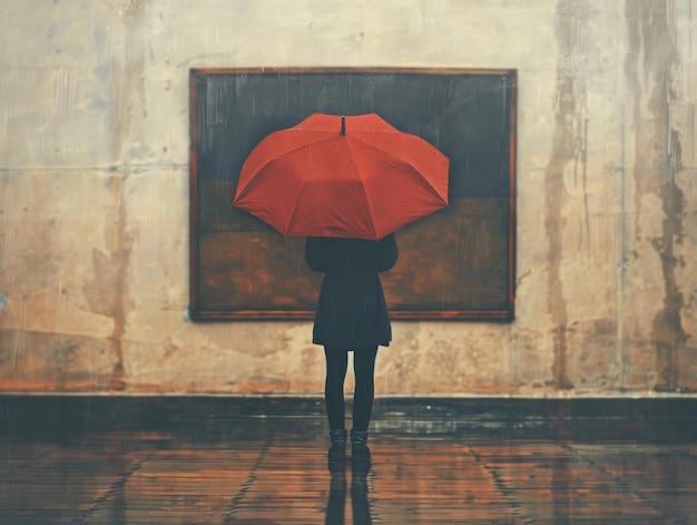 Persoon met rode paraplu voor het schilderij