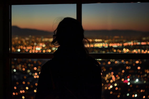 Persoon met silhouet tegen het raam met uitzicht op de stadsverlichting