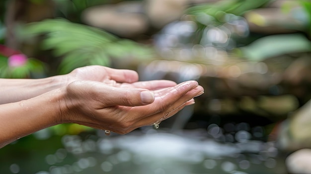 Persoon met uitgestrekte handen over een waterstroom