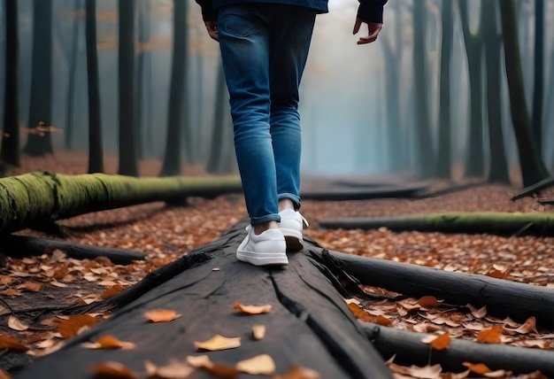 Persoon met witte sneakers en blauwe spijkerbroek loopt op een gevallen boomstam in een bos met gevallen bladeren