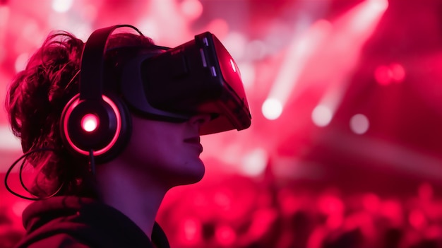 Persoon ondergedompeld in een virtual reality-ervaring verlicht door rode neonlichten
