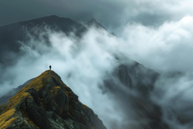 Persoon op bergtop laag stormwolken die voorbijgaan