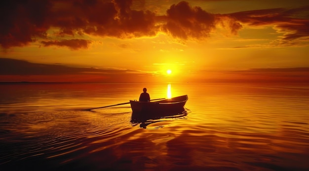 persoon roeit een boot bij zonsondergang in een mooi waterlichaam