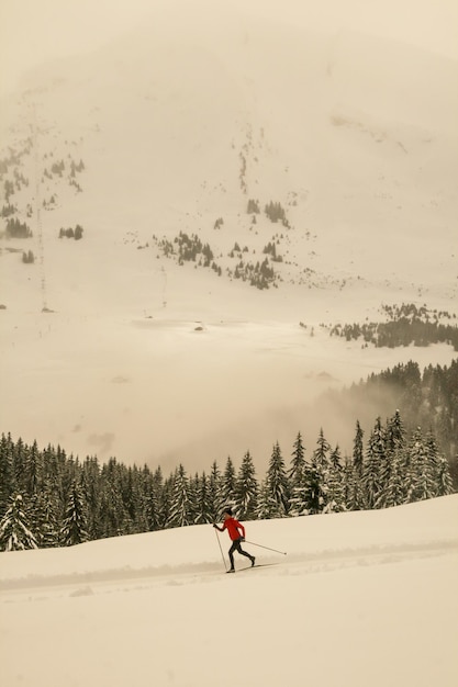 Persoon skiën op sneeuw tegen de lucht