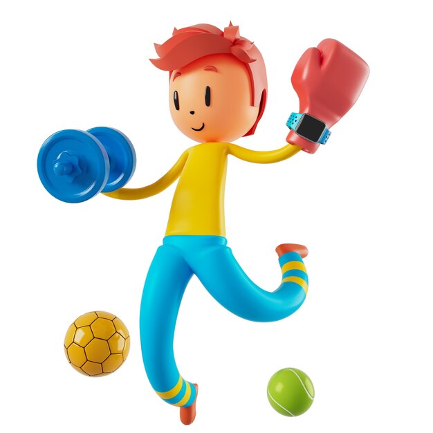 Persoon stripfiguur jongen en meisje met sportobjecten 3d illustratie fitness activiteit actie man in een sportspel gezond concept 3d bal oefening actiesmartphone smartwatch ontwerp