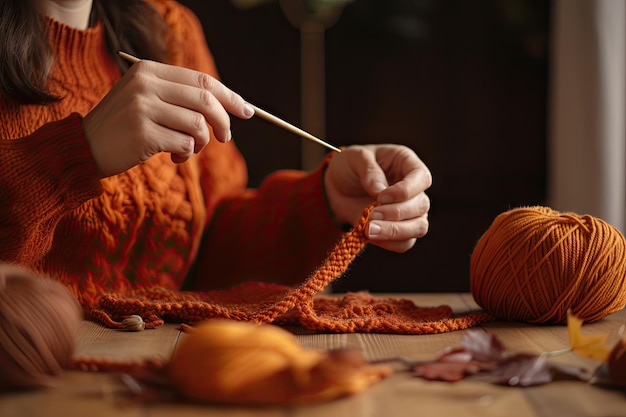 Persoon vakkundig breiende trui in warme kleuren