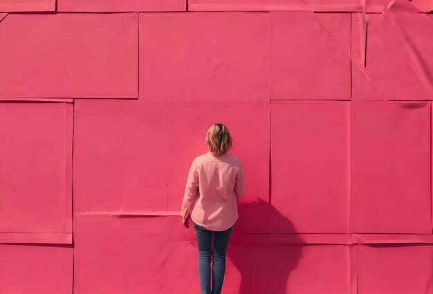 Foto persoon voor de roze muur.