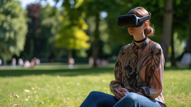 Foto persoon zit in een park ondergedompeld in een virtuele realiteit ervaring digitale en natuurlijke werelden