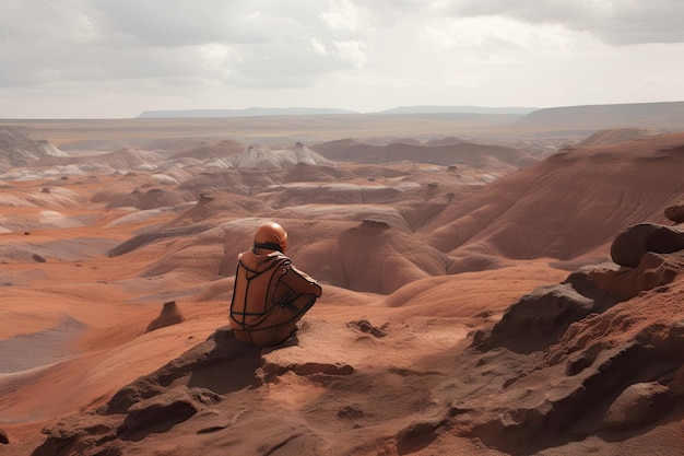 Persoon zittend op een klif met uitzicht op het rode en stoffige landschap van de koloniserende mars