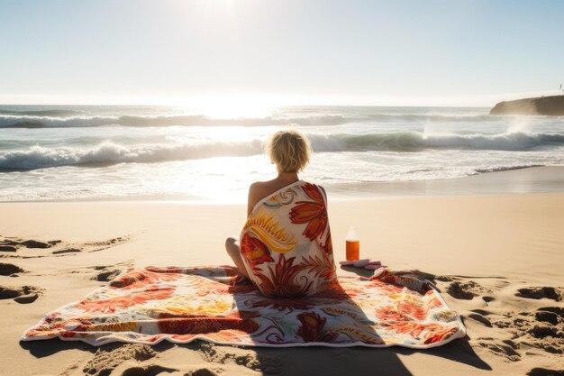 Persoon zittend op een strandlaken omringd door zon en branding gemaakt met generatieve AI