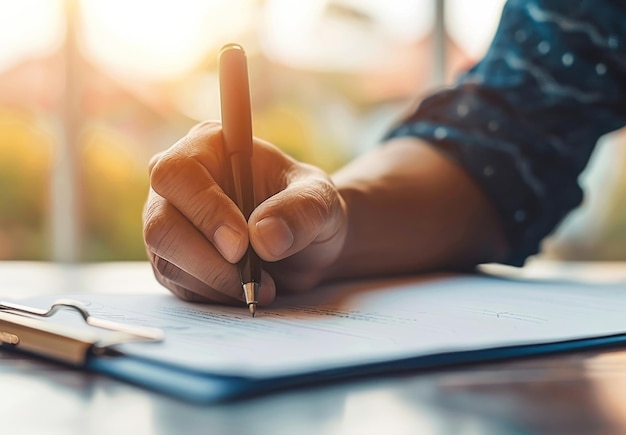 Persoonlijke documenten en hand met pen op papier voor juridische overeenkomst informatie of aanvraag