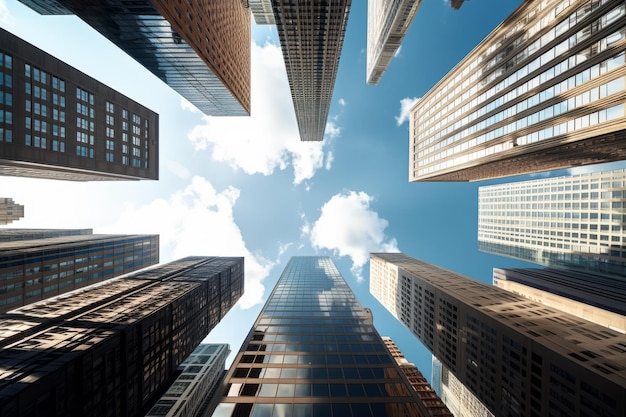 Perspectief en onderkanthoek van moderne glazen wolkenkrabbers van het gebouw tegen de lucht