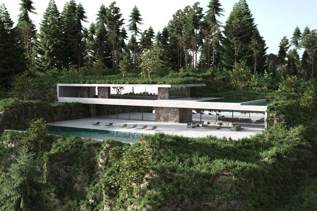 Perspectief modern huis met terras en zwembad