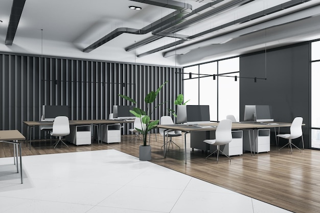 Perspectief uitzicht op ruim coworking kantoor met lichte betonnen en houten vloer bruine tafels met moderne computers omgeven door witte stoelen groene plant in bloempot en groot raam 3D-rendering