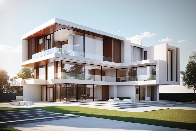 Perspectief van de buitenkant van een modern luxe huis met minimale architectuur