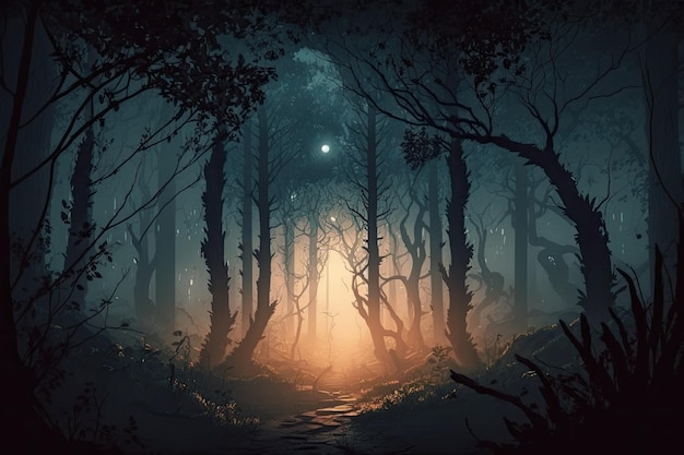 Perspectief van een bos in de vroege ochtendmist