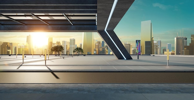 Perspectief van lege straat en modern gebouw op het dak