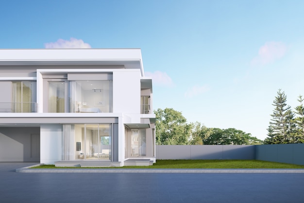 Perspectief van modern luxehuis, Exterieur, Minimale Architectuur. 3D-rendering.