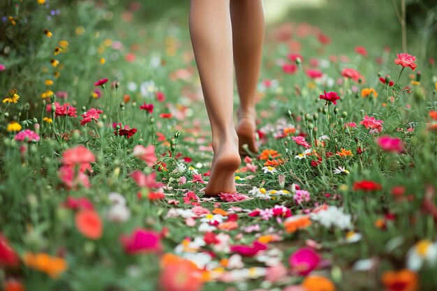 Perspectief van voeten op een bloemenpad omringd door wilde bloemen