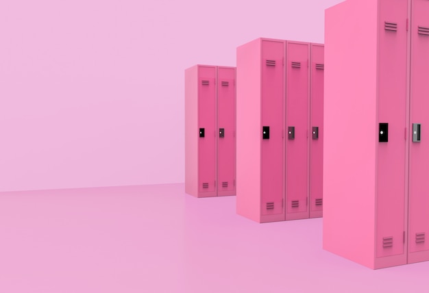 Perspectief weergave van zoete roze metalen lockers rij achtergrond.