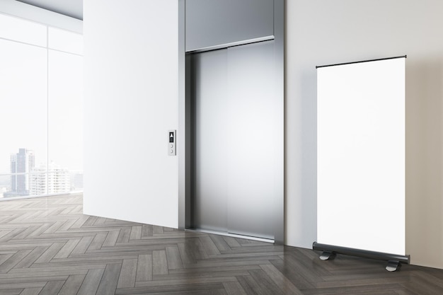 Perspectief zicht op blanco witte poster op houten parketvloer in zonovergoten moderne kantoorhal met lichte muur metalen liftdeuren en uitzicht op de stad vanuit panoramische ramen 3D rendering mockup