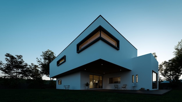 Perspectiefaanzicht van moderne huisarchitectuur met twee verdiepingen bij zonsondergang met witte buitenmuren 3D-rendering
