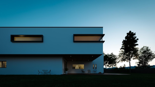 Perspectiefaanzicht van moderne huisarchitectuur met twee verdiepingen bij zonsondergang met witte buitenmuren 3D-rendering