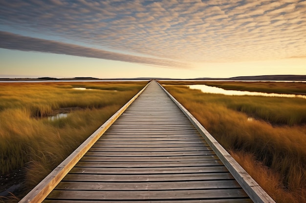 Perspectieffoto van een lange houten loopbrug over een moeras