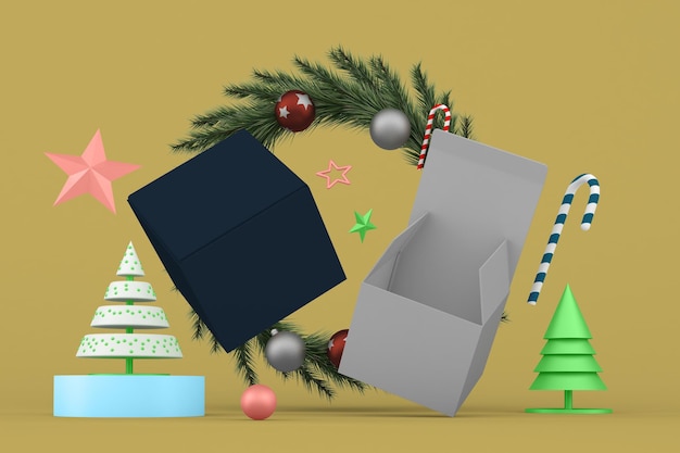 Perspectiefzijde van dozen op achtergrond met kerstthema