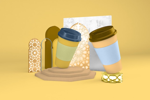 Perspectiefzijde van koffiekopjes op achtergrond met arabisch thema