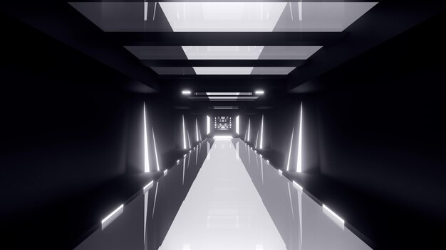 Perspective abstract 3d illustration of endless symmetric tunnel illuminated by white neon lights