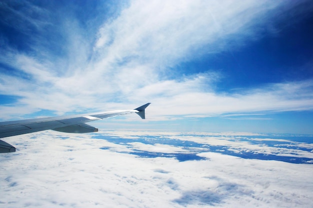 perspective of an airplane wing with a blue sky with clouds