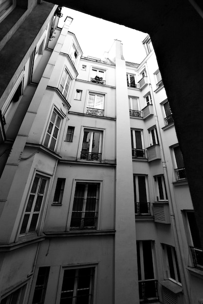 Perspective of courtyard in Paris. Black and white image