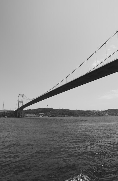 Perspective of Fatih Sultan Mehmet Bridge over Bosporus Strait in Istanbul, Turkey. Black and white