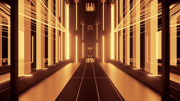 Perspective luminous 3d illustration of symmetric passage formed by geometric shapes and glowing yellow lamps