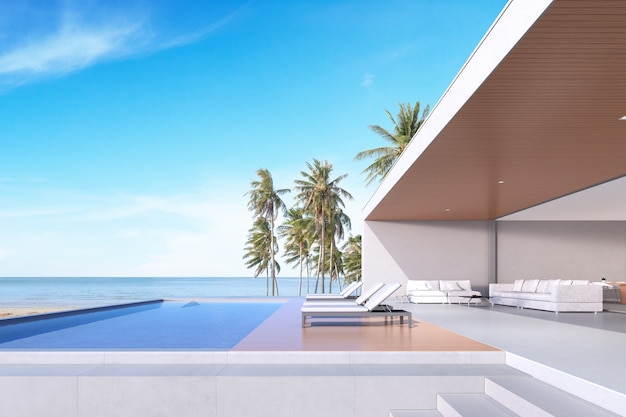 Perspective of modern luxury house with wood terrace on sea background, Exterior. 3d rendering.