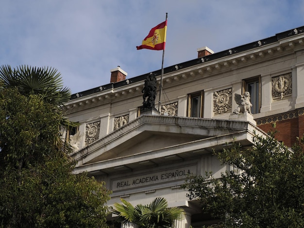 Perspective of the neoclassical facade of the Royal Spanish Academy (Real Academia Espala) in Madrid, Spain In the text. "Royal Spanish Academy"