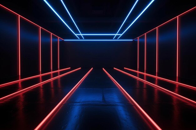 Perspective neon floor stage in red and blue color