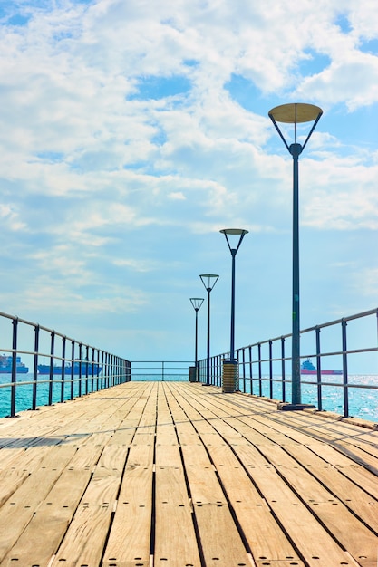 Perspective of pier with lanterns in Limassol, Cyprus